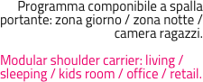 Programma componibile a spalla portante: zona giorno / zona notte / camera ragazzi.

Modular shoulder carrier: living / sleeping / kids room / office / retail.