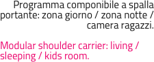 Programma componibile a spalla portante: zona giorno / zona notte / camera ragazzi.

Modular shoulder carrier: living / sleeping / kids room.