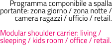 Programma componibile a spalla portante: zona giorno / zona notte / camera ragazzi / ufficio / retail.

Modular shoulder carrier: living / sleeping / kids room / office / retail.